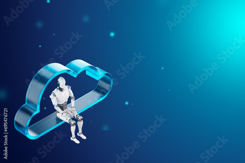Fototapeta Naklejka Na Ścianę i Meble -  Cloud-based data transfer, storage, and downloading technologies. The robot sits on the digital cloud of the cloud. 3D illustration, 3D rendering.