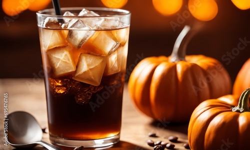 Delicious Iced Cold Brew Coffee with Pumpkin Spice Isolated on a Orange Background, Generative AI