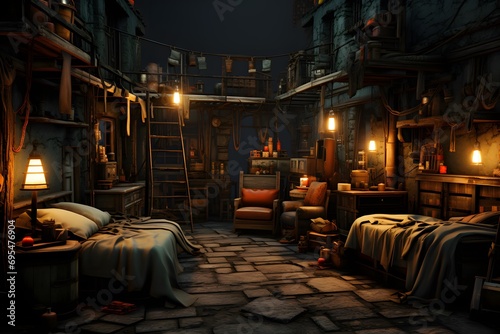 3D rendering of a fantasy fantasy room with a beautiful night scene