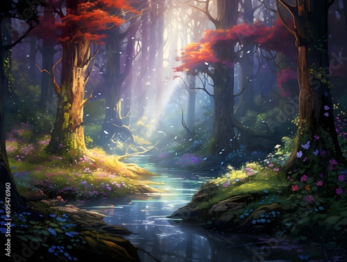 Fantasy landscape with a river in a mysterious forest. Digital painting. © Iman