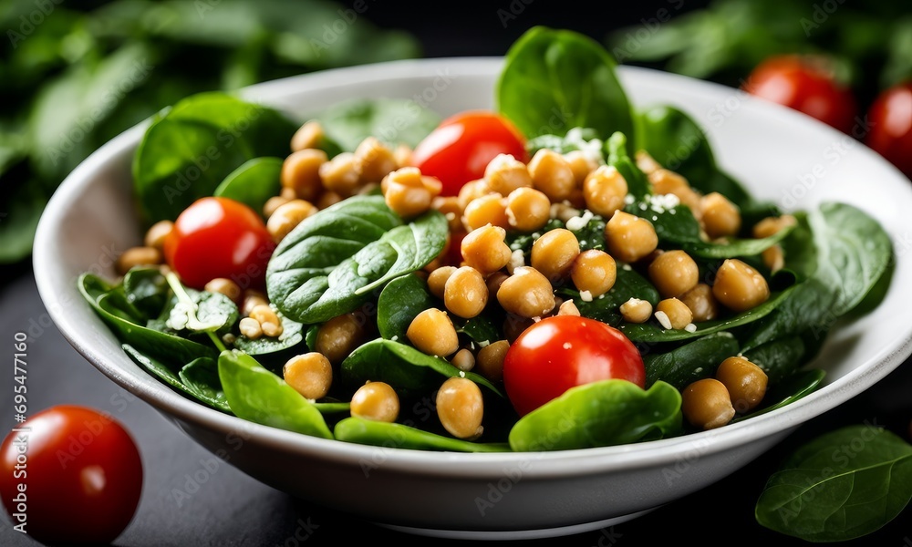 Delicious Bowl of Spinach Salad with Chickpeas, Farro, Avocado and Tomatoes Isolated on a Background, Generative AI