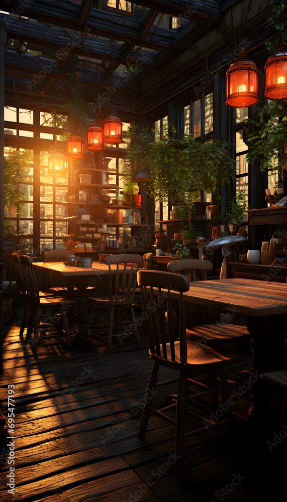 Restaurant with wooden tables and chairs in the evening light.