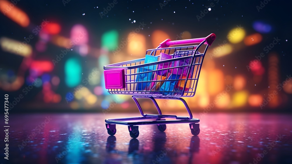 Shopping cart on bokeh background. 3d illustration.