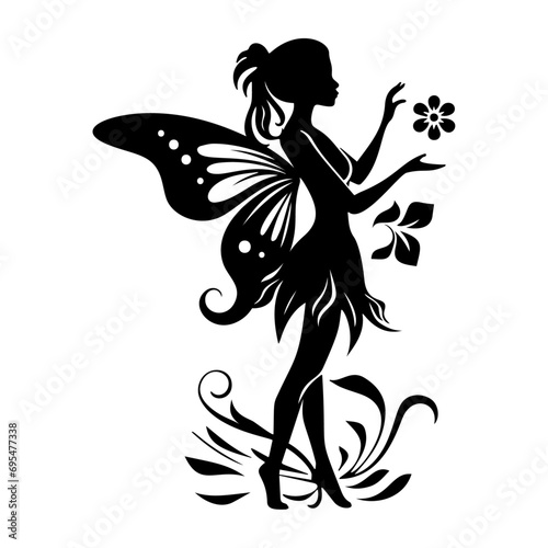 Fairy with a flower isolated on a white background. Flower fairy silhouette