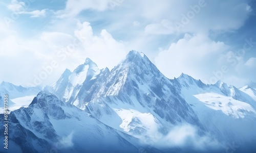 A Landscape Of High Mountains In The Clouds Against A Background Of A Light Blue Sky