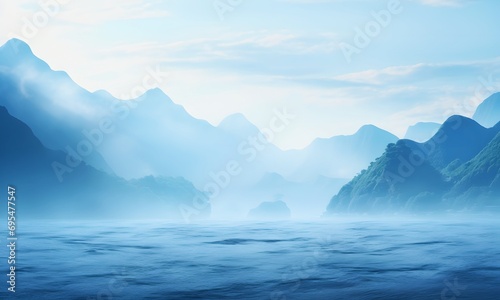 A Landscape Of High Mountains In The Clouds Against A Background Of A Light Blue Sky