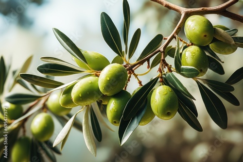  a branch of an olive tree with green olives hanging from it's branches, with a blurry background of leaves and a blue sky in the background.