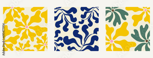 A set of groovy abstract botanical backgrounds from simple organic shapes in the style of a Matisse flower of a natural palette. Trendy floral doodles in naive retro hippie style of the 60s-70s.Vector