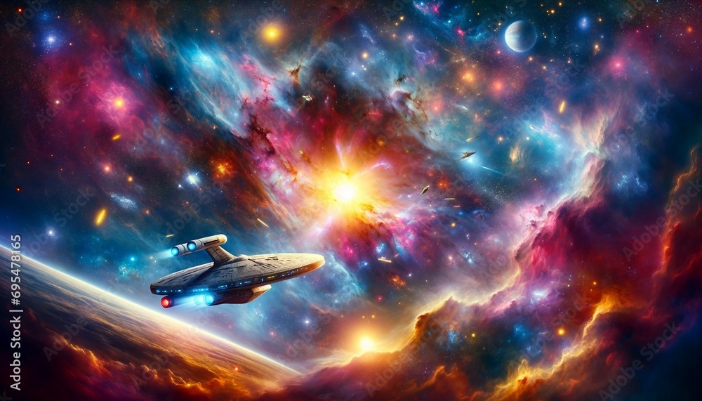 Celestial Voyage_ A starship exploring a colorful nebula, with distant galaxies and vibrant cosmic clouds in the background