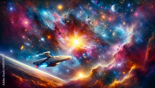 Celestial Voyage_ A starship exploring a colorful nebula, with distant galaxies and vibrant cosmic clouds in the background