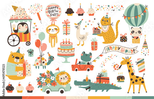 Birthday cute animals collection. Vector hand-drawn cartoon set illustration of festive elements and funny characters. Vintage cheerful pastel palette, decorating childish holidays cards, invitations.