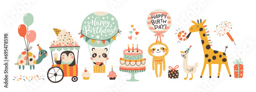 Birthday cute animals collection. Vector hand-drawn cartoon set illustration of festive elements and funny characters. Vintage cheerful pastel palette, decorating childish holidays cards, invitations.