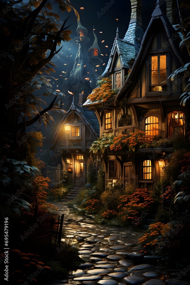 Halloween night scene with haunted house and moon, 3D rendering
