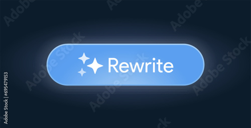 Rewrite AI button. Artificial intelligence icon. Machine learning text generator. Generate code pressbutton. Magic stars. Vector Illustration