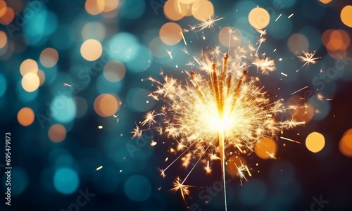 Sparkler on a blue bokeh background. New Year concept