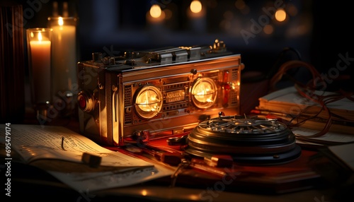 Vintage radio in dark room with lights and candles, panorama