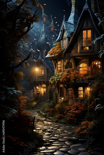 Halloween night scene with haunted house and moon, 3D rendering