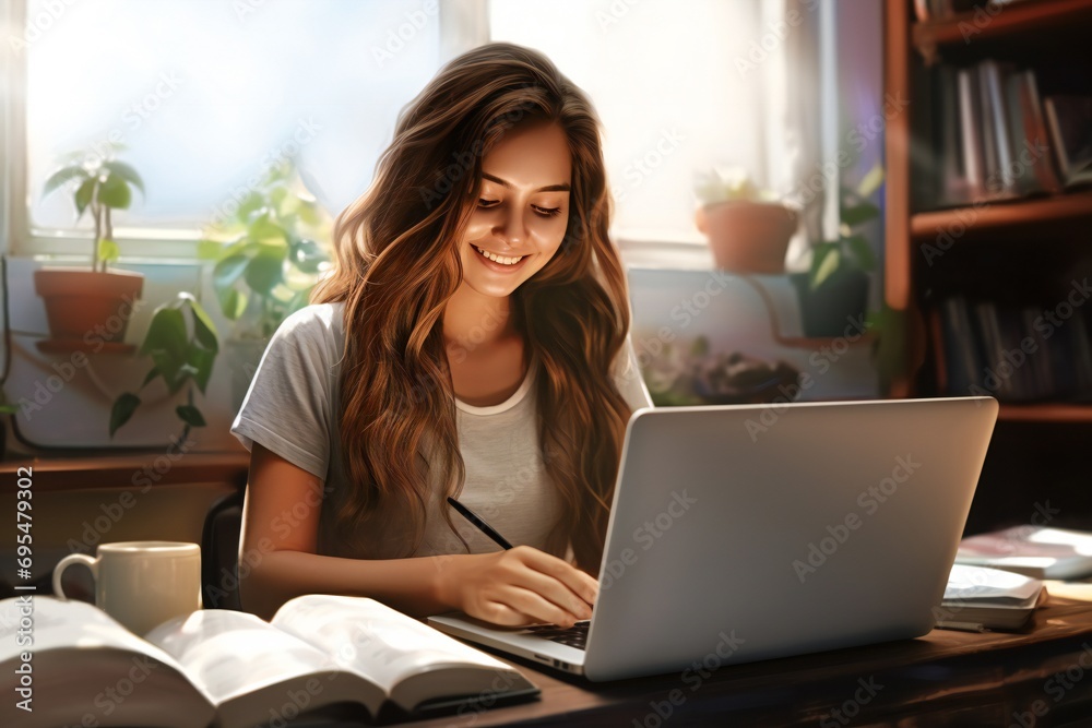 woman freelancer working on computer at home. Attractive businesswoman studying online woman freelancer working on computer at home. Attractive businesswoman studying online