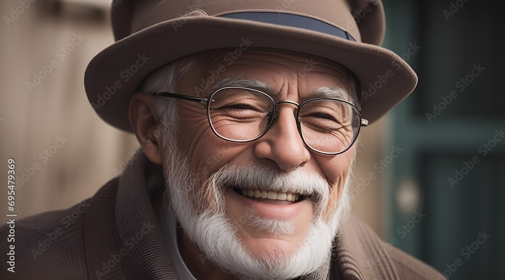 Cheerful Mature Man with Glasses and a Beard Smiling for Portrait Photography. Cheerful adult with gray beard and glasses smiling at camera.