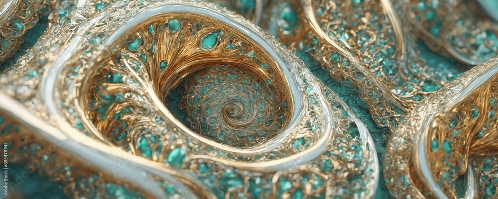 a close up of a gold and turquoise colored glass