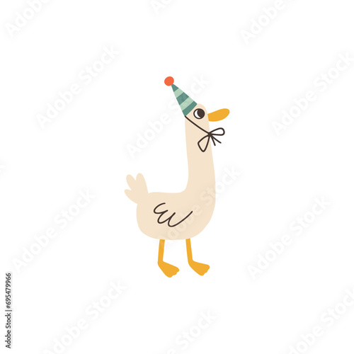 Cheerful goose in a cap. Birthday celebration. A cute holiday cartoon character in a simple childish hand-drawn style. Vector isolate in pastel vintage palette on white background.