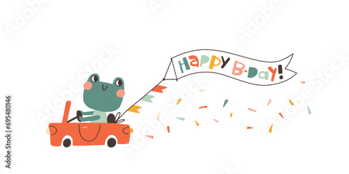 A little frog on a red convertible with a birthday banner. A cute holiday cartoon character in a simple childish hand-drawn style. Vector isolate in pastel vintage palette on white background.