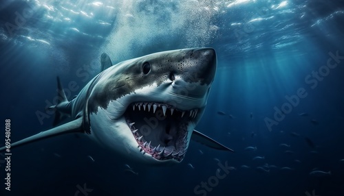 shark in the water with its mouth open with teeth. Angry shark swimming on blue ocean waters.