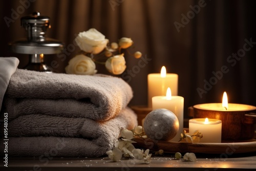  a pile of towels sitting on top of a table next to a candle and a vase with flowers on top of it and a tray with candles in front of them.