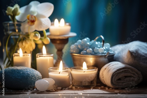  a table topped with candles next to a bowl filled with rocks and a bowl filled with rocks and a bowl filled with rocks and a bowl filled with blue and white flowers.