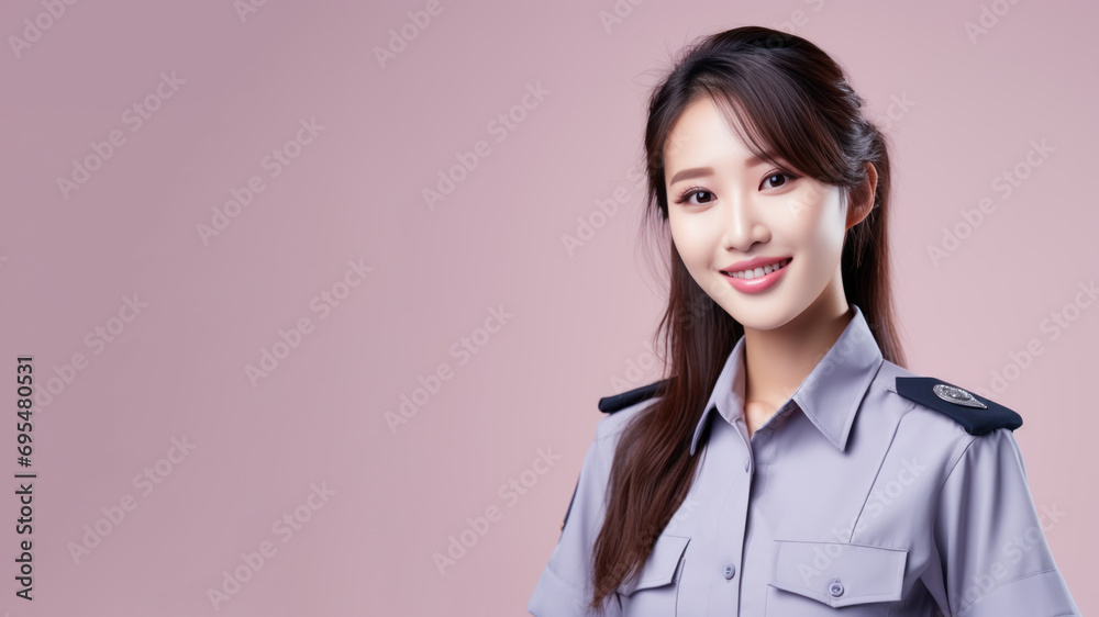Asian woman in security guard uniform isolated on pastel background Asian woman in security guard uniform isolated on pastel background