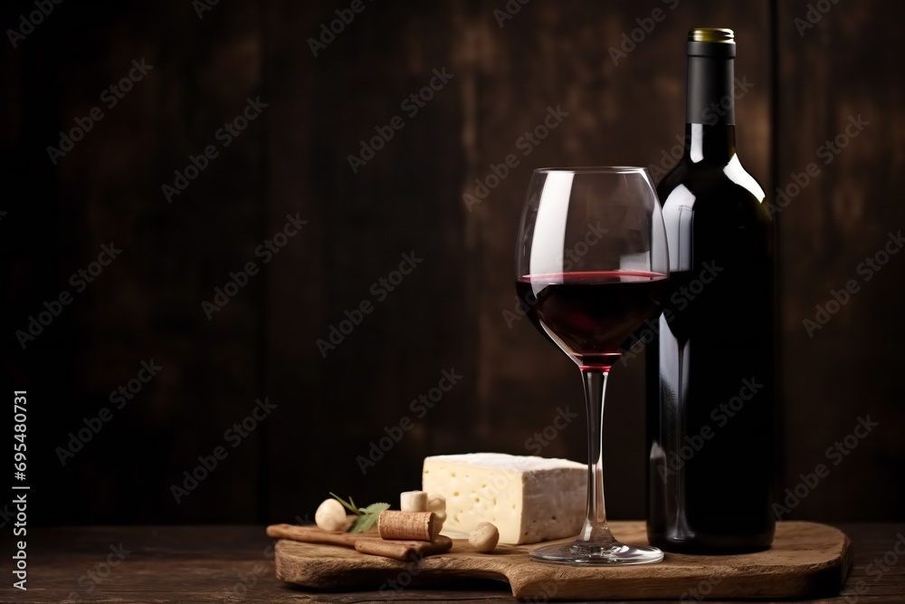 Red wine in vintage light with cheese. cheese and wine. dark background