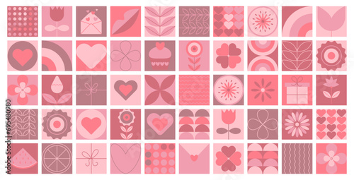 Mosaic for Valentine's Day. Fashionable geometry on theme of love. Romantic modern abstract vector background. Trendy design for banner, card, cover, poster, advertising, wallpaper, packaging