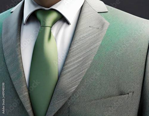 Detail of an elegant man wearing a green tie suit with a white shirt and green handkerchief. Tailored accessories for formal suits. Classy groom or sophisticated businessman.