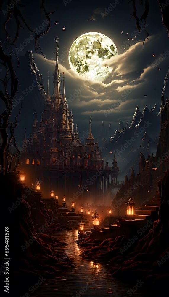 Halloween background with castle and full moon, 3d render illustration