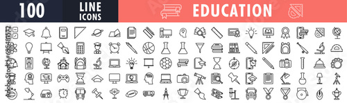 Education line icons set. outline icons collection. Containing knowledge, college, task list, design, training, idea, teacher, file, graduation hat, institute, ruler, telescope.