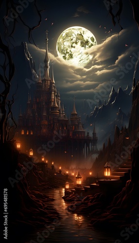 Halloween background with castle and full moon, 3d render illustration