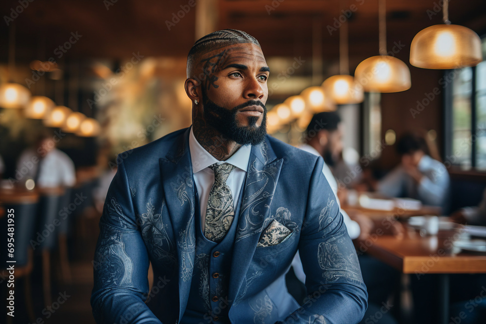 Generative ai photo of handsome attractive gentleman with tattooed hands and body in studio Generative ai photo of handsome attractive gentleman with tattooed hands and body in studio