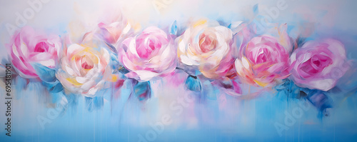 Beautiful trendy floral impressionist background. Pastel pink rose banner for wedding stationary, Valentine wallpaper. Red, white, yellow rose flower art illustration on blue abstract backdrop by Vita