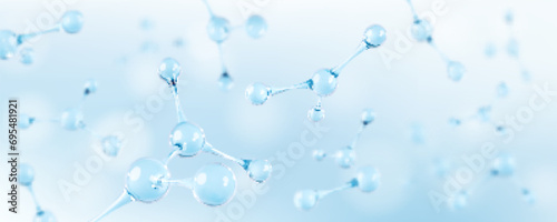 3D glass molecules or atoms on light blue background. Concept of biochemical, pharmaceutical, beauty, medical. Science or medical background. Vector 3d illustration