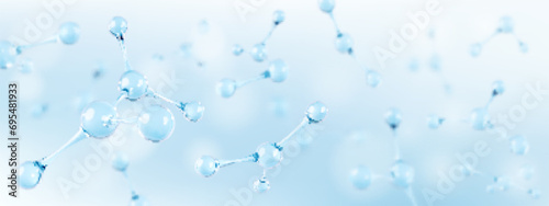 3D glass molecules or atoms on light blue background. Concept of biochemical, pharmaceutical, beauty, medical. Science or medical background. Vector 3d illustration photo
