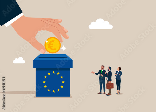 Financing EU. Hand putting coin a piggy bank money savings European Union. Modern vector illustration in flat style