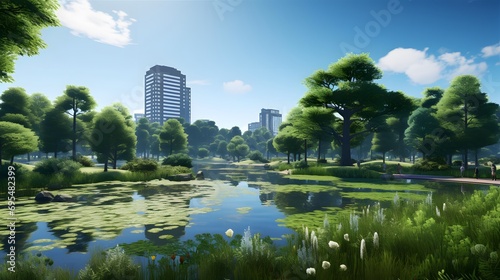 City park panorama with green trees, pond and skyscrapers