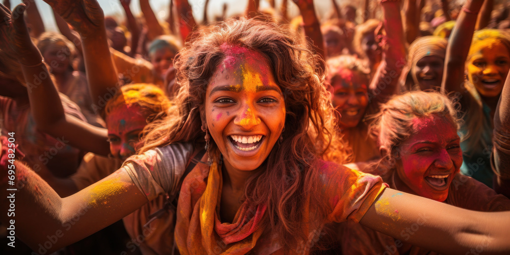 Obraz premium cheerful young girl smeared in colored powder looks at the camera, people in the background, Holi Festival