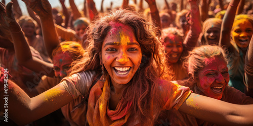 cheerful young girl smeared in colored powder looks at the camera, people in the background, Holi Festival