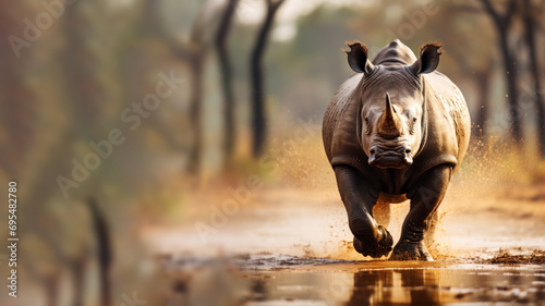 A rhino is running in the hot and dusty savanna photo
