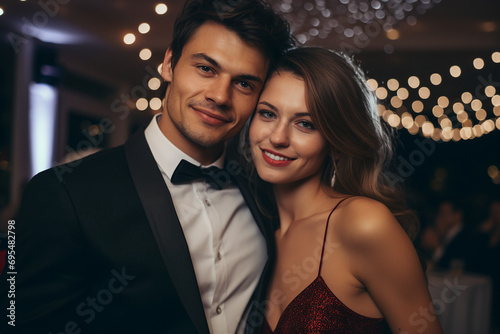 Excited festive young couple celebrating new year christmas party elegant outfit Generative AI portrait