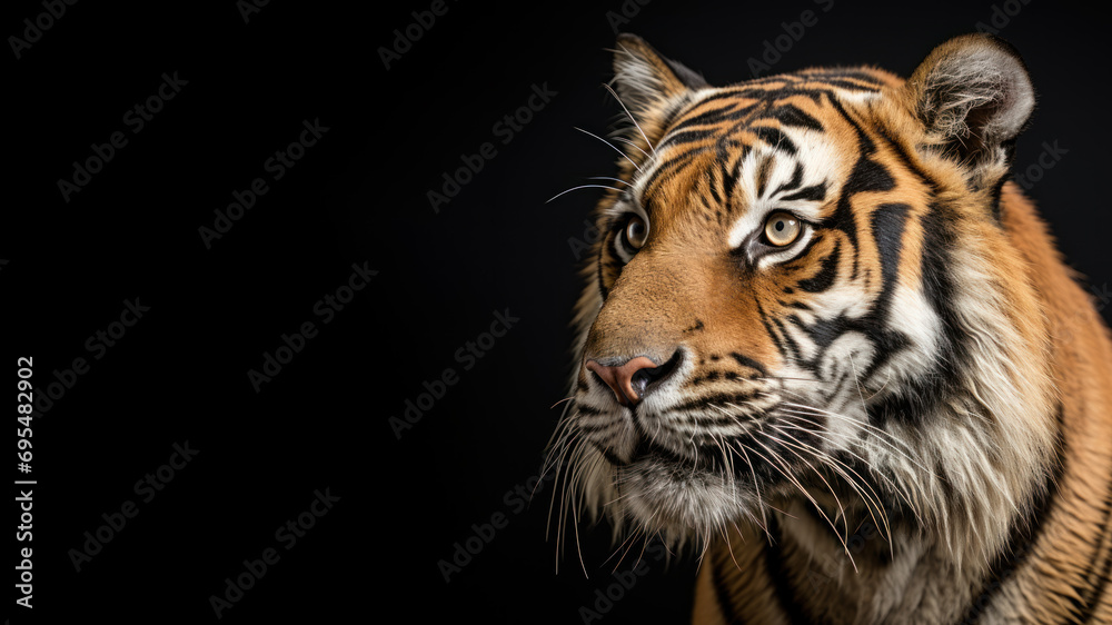 Fototapeta premium A tiger looks sharply focused at a target isolated on gray background