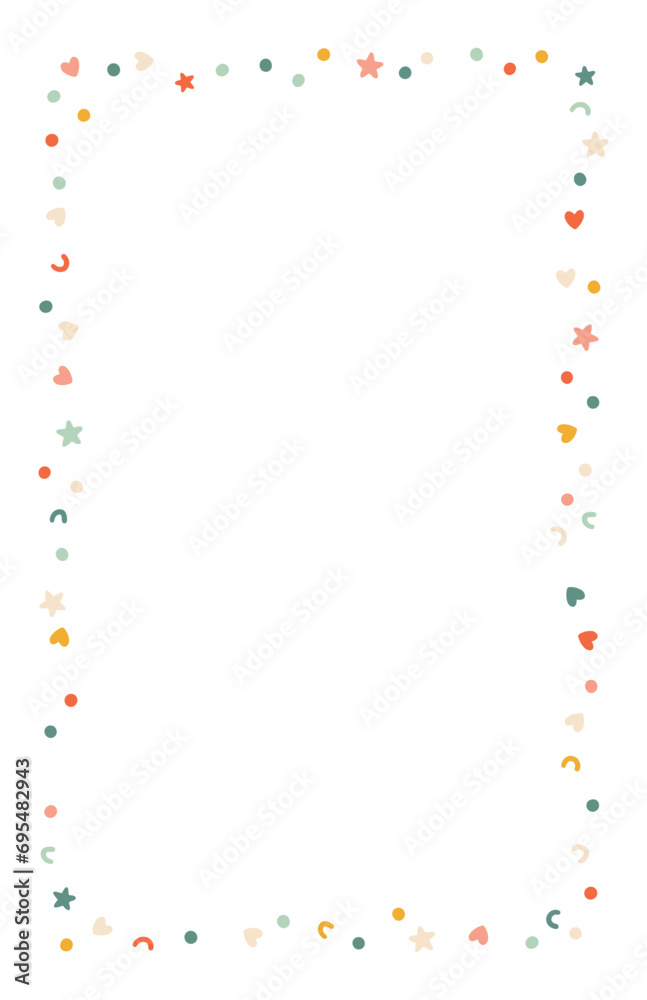 Obraz premium Happy birthday vertical frame template with confetti. Vector illustration in simple hand drawn modern style. Pastel vintage palette. Isolate.