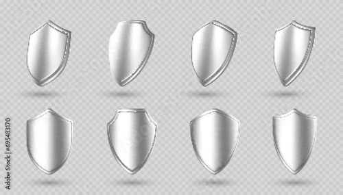 3D metal shields set isolated on transparent background. Icons protection and security. Concept of secure protection. Vector 3d Illustration