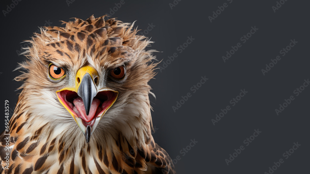 Close up of angry hawk isolated on gray background Close up of angry hawk isolated on gray background